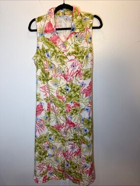 Jacqueline Smith Vintage Sleeveless Floral Maxi Shirt Dress Pink Green Blue L